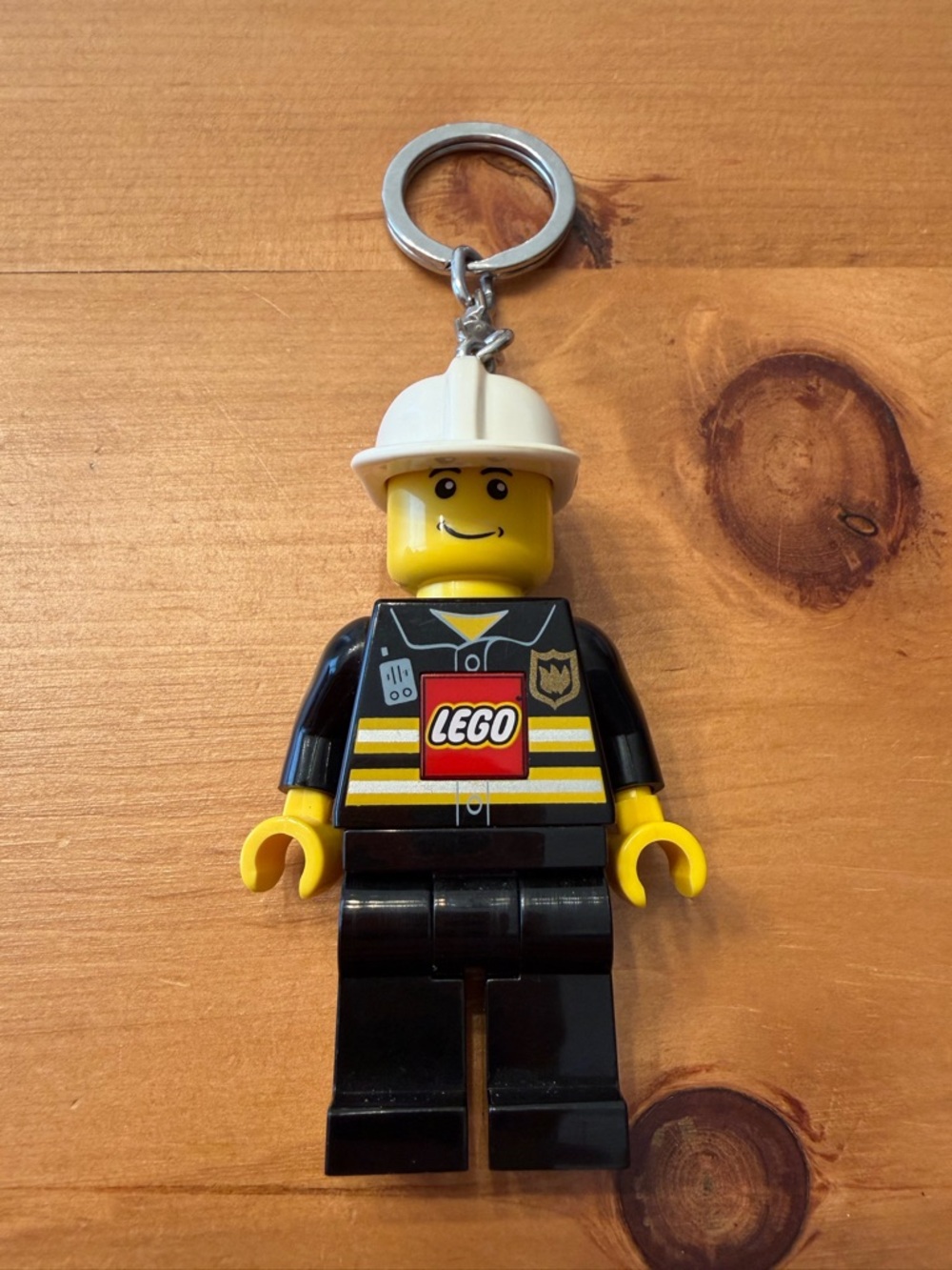 Lego Yellow & Black Firefighter Minifigure Keychain and flashlight